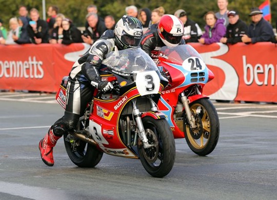 Michael Dunlop (closest to camera) and Michael Rutter leave the line to start Wednesday’s practice session