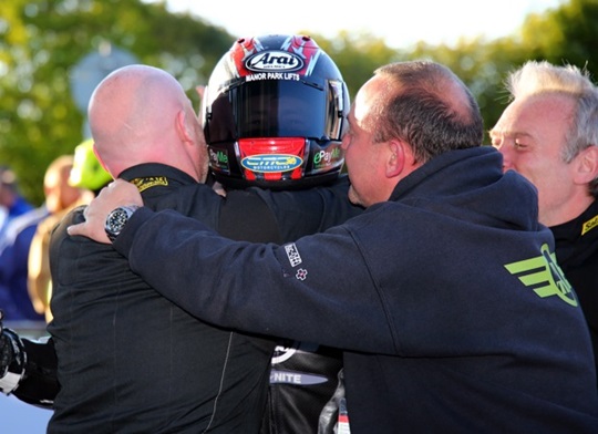 Hutchy congratulated by Team Traction Control on his Monster Energy Supersport Race 1 win. Credit Tim Keeton/Impact Images Photography