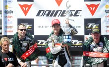 Thumbnail of Cameron Donald celebrates his first TT victory after the 2008 Dainese Superbike race
