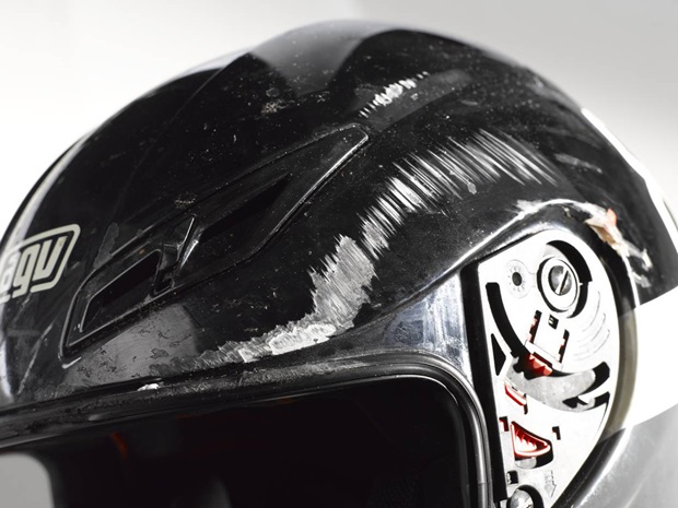 A close-up of Guy Martin's crash-damaged helmet (Dainese)