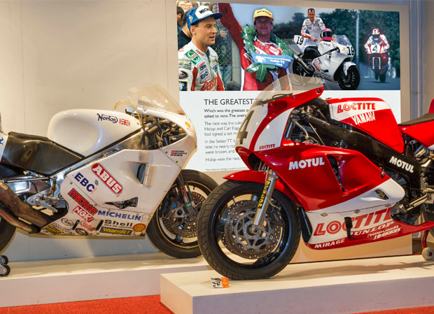 Carl Fogarty's Loctite Yamaha (foreground) is reunited with the Abus sponsored rotary Norton ridden by Steve Hislop in the historic 1992 Senior TT