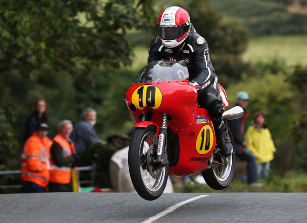 Michael Rutter takes Ballaugh Bridge on the Ripley Land Racing Seeley-Matchless G50