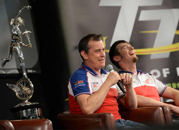 John McGuinness and Honda Racing team mate Conor Cummins enjoy a bit of banter at TT Launch 2015