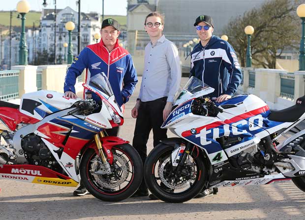 Pictured Big Ben Interactive representative Regis Fontenay with John McGuinness and Ian Hutchinson on the Isle of Man at the launch of the 2016 Isle of Man TT Races fuelled by Monster Energy