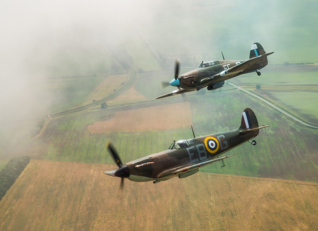 Spitfire and Hurricane of the RAF's Battle of Britain Memorial Flight in formation over Lincolnshire.