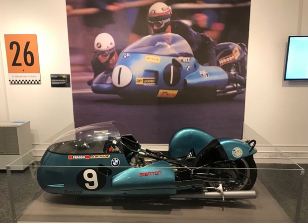 BMW Renngespann RS54 sidecar outfit – This outfit, ridden by Georg Auerbacher with passenger Hermann Hahn, won the 1971 750cc sidecar TT.  Auerbacher also completed on it in 1972, when he crashed and was injured. 