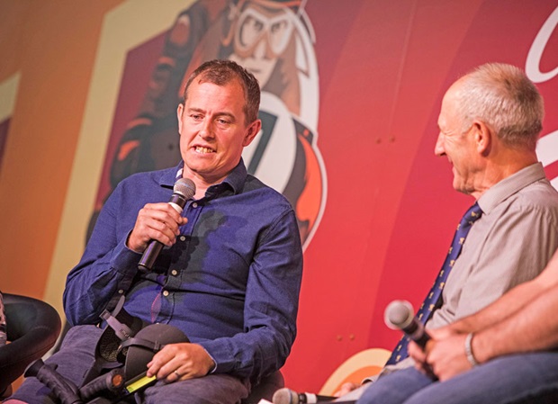 John McGuinness chats to Charlie Williams at the 2017 RST Classic TT Heroes Dinner. Photo: Jonathan Cole Photography Ltd / Isle of Man TT 