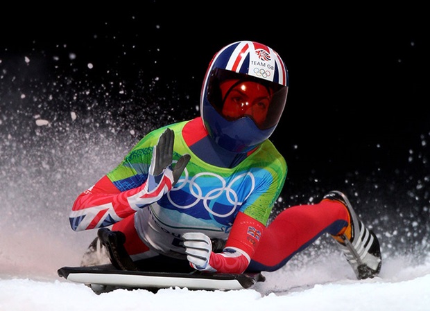 Amy Williams finishes her winning run at the 2010 Winter Olympics. 