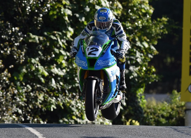 Dean Harrison leaping Ballaugh Bridge in Tuesday night's qualifying session. Photo RP Watkinson
