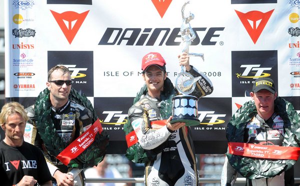 Cameron Donald celebrates his first TT victory after the 2008 Dainese Superbike race