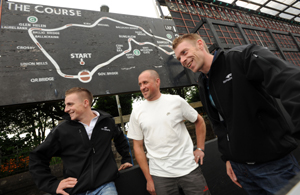 Outright Sidecar lap record-holder Nick Crowe (centre) welcomes Ben and Tom Birchall to the Isle of Man (Stephen Davison/PPI)