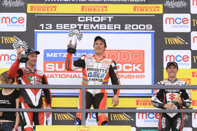 John McGuinness celebrates a well-deserved Superstock victory at Croft (Honda Racing)