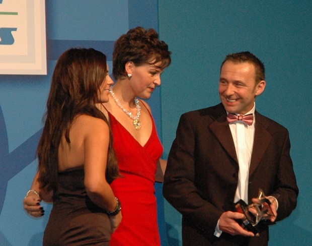 Steve Plater picks up the International Road Racer of the Year award from the BBC's Denise Watson