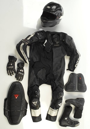 Guy Martin's crash-damaged safety equipment (Dainese)