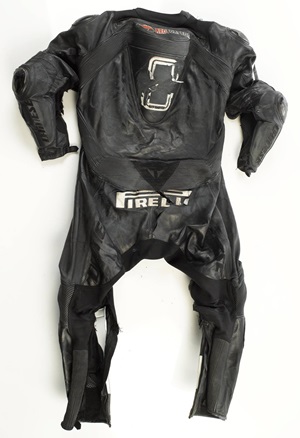 Guy Martin's crash-damaged leathers (Dainese)