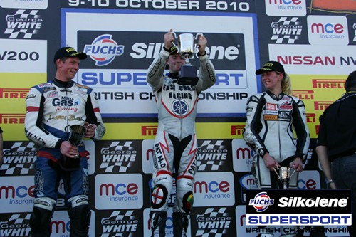 Dan Kneen (left) celebrates second place in the 2010 British Supersport Cup