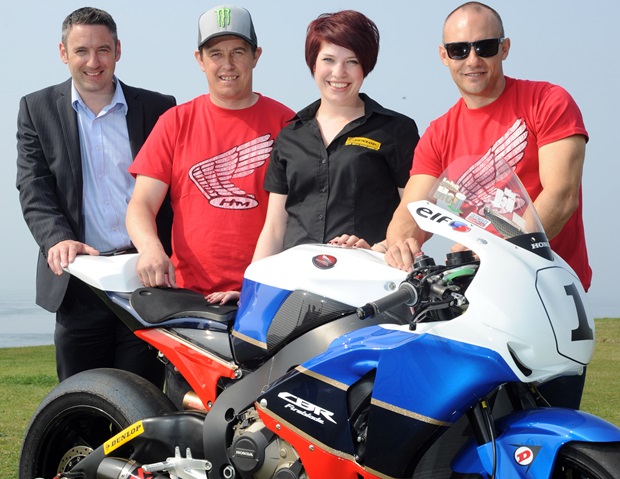 (Left to right) Dunlop Brand Manager Andy Marfleet, John McGuinness, Dunlop PR Manager Kate Rock and Keith Amor at the launch of Dunlop's TT sponsorship on the Isle of Man