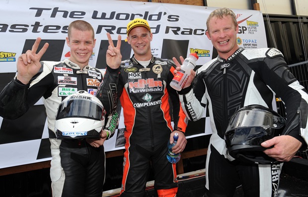 (from left) KMR Kawasaki Racing's Jamie Hamilton, Ryan Farquhar and Adrian Archibald at the 2011 Ulster Grand Prix (Stephen Davison/Pacemaker Press International)