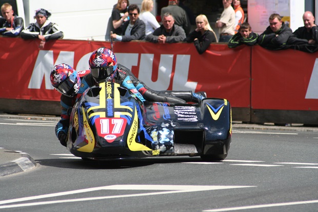 Sidecar passenger Fiona-Baker Milligan in action at the Isle of Man TT