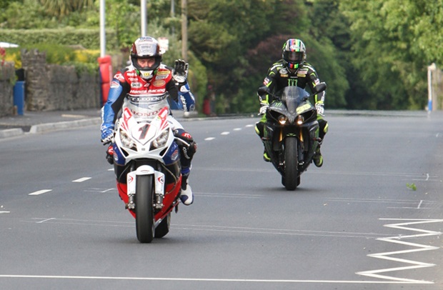 John McGuinness and Cal Crutchlow on the Monster Energy parade lap (Steve Corlett/www.racingpix.im)