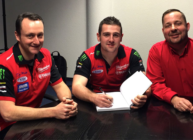 Photocaption: Pictured (L-R Mick Shanley, Team Manager, Milwaukee Yamaha, Michael Dunlop, Dale McElveen, Commercial Director, Milwaukee UK