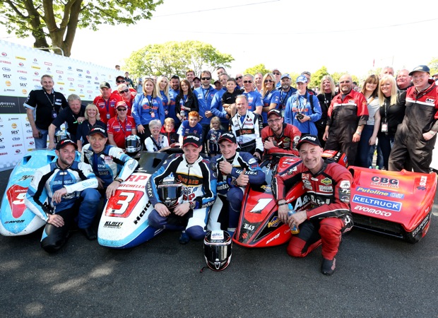 The Sure Sidecar Race 2 winners with supporters and teams. Credit Stephen Davison/Pacemaker Press Intl.