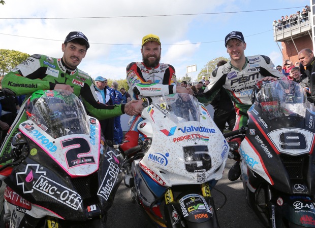 Hillier, Anstey and Hutchinson in the RST Superbike TT winners enclosure. Credit Stephen Davison Pacemaker Press Intl.