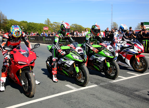 Chas Davies, Jonathan Rea, Tom Sykes and Sylvain Guintoli ready to start their lap. Credit Tim Ketton/Impact Images Photography