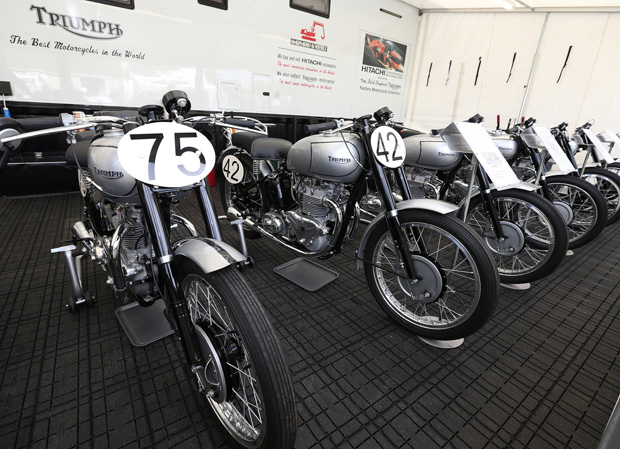 Classic TT and MGP Triumph racers waiting for the fans at Classic TT 2016. The Steam Packet Company has supported a number of classic bike displays 