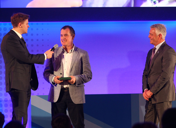 John McGuinness on stage with presenter Jake Humphrey and BRDC president Derek Warwick. Photo credit: Jakob Ebrey