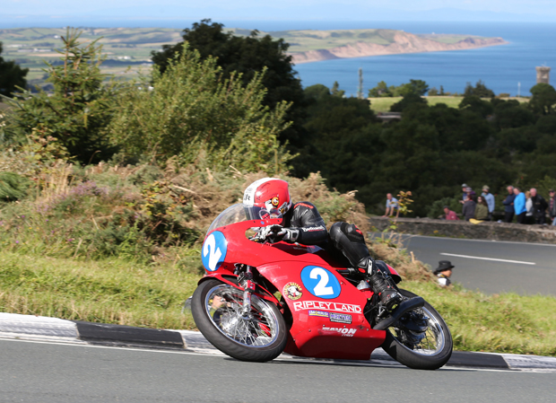 Michael Ruter on the Ripley Land Racing 350cc Drixton Honda twin at the Gooseneck