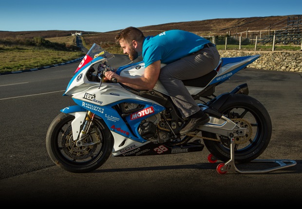 Jamie Coward tries out the Radcliffe's Racing Superstock for size at the Creg-ny-Baa