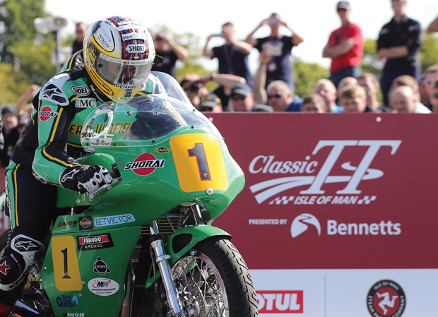 John McGuinness at the start of the 2016 Bennetts 500cc Classic TT race