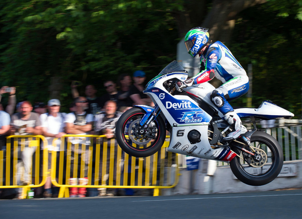 Ivan Lintin flying over Ballaugh Bridge on the 650 Kawasaki in 2016