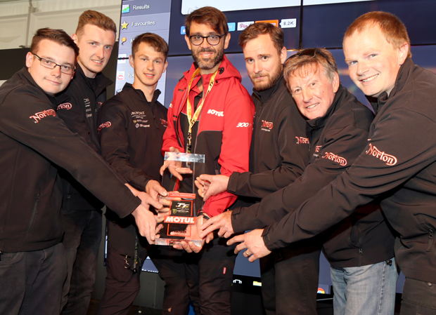 Pictured left to right are Josh Taylor (Norton), Dom Murfin (Norton), Sunni Wilson (Norton), Fabrizio D’Ottavi, Motul Associate Motorsport Manager, Johnny Cusack (Norton), Mick Grant (Norton), Ian Mackman (Norton).