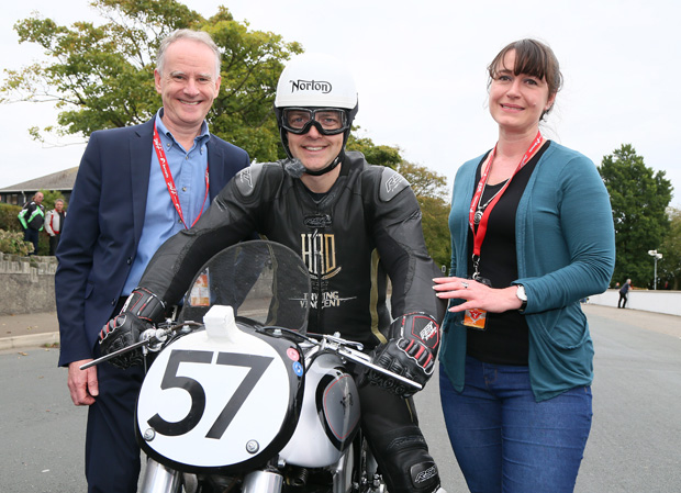 Pictured from left to right is John Watt (Commercial Director) and Renee Caley (Marketing Manager) Isle of Man Steam Packet Company with Cameron Donald ahead of the Isle of Man Steam Packet Company Vintage parade which took place on Saturday 26th August.