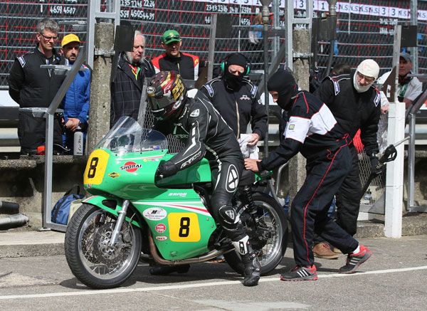 Josh Brooks gets a push to restart the Team Winfield Paton after his third lap pitstop. Photo Stephen Davison / Pacemaker Press Intl