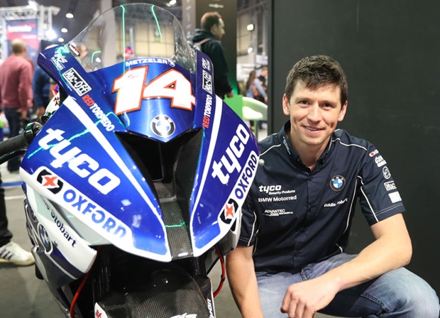 Dan Kneen at Motorcycle Live with the Superstock he will ride for Tyco BMW at the 2018 Isle of Man TT Races. Photo Dave Kneen