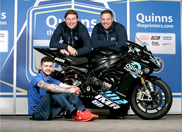 Adam McLean (left) with Peter Bradley, Managing Director of quinnstheprinters.com and Ian Moffit, Team Principal of quinnstheprinters.com by Team IMR 