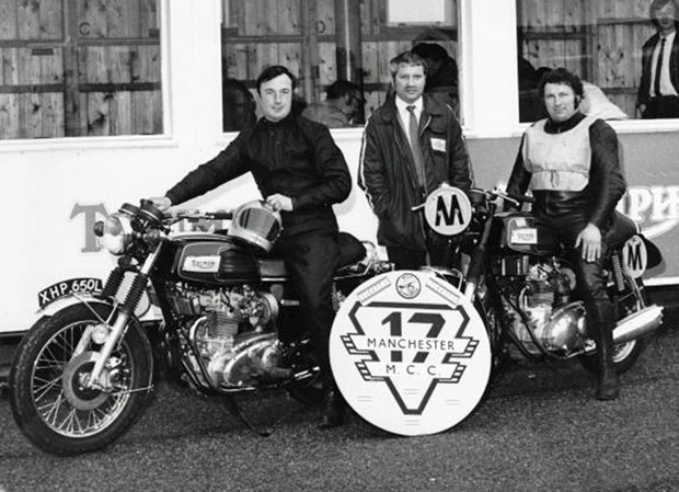 Ian Bradshaw on the 24 hour ride bike, Ron Barrett, and Des Evans on his marshal's bike that he is going to parade at the Festival of Motorcycling