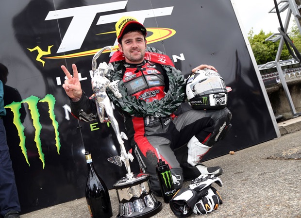 Michael Dunlop with the winner's trophy from the 2017 Monster Energy Supersport TT Race.