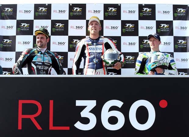 A podium of recordbreakers: Michael Dunlop (2nd RL360º Superstock TT Race) set a new lap record in Monday's Monster Energy Supersport TT Race 1; Peter Hickman (1st RL360º Superstock TT Race) set a new lap and race record in Monday's RL360º Superstock TT Race); Dean Harrison (3rd Superstock TT Race) set a new absolute lap record in Saturday's RST Superbike TT Race and became the first rider to lap at 134+mph