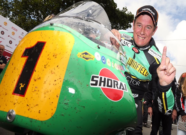 John McGuinness in the winners enclosure following the 2016 Senior Classic TT Race