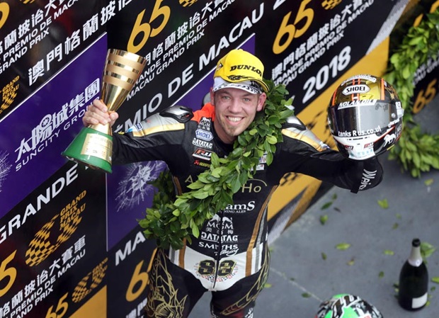 Peter Hickman celebrates his third Macau Grand Prix win. Photo Stephen Davison