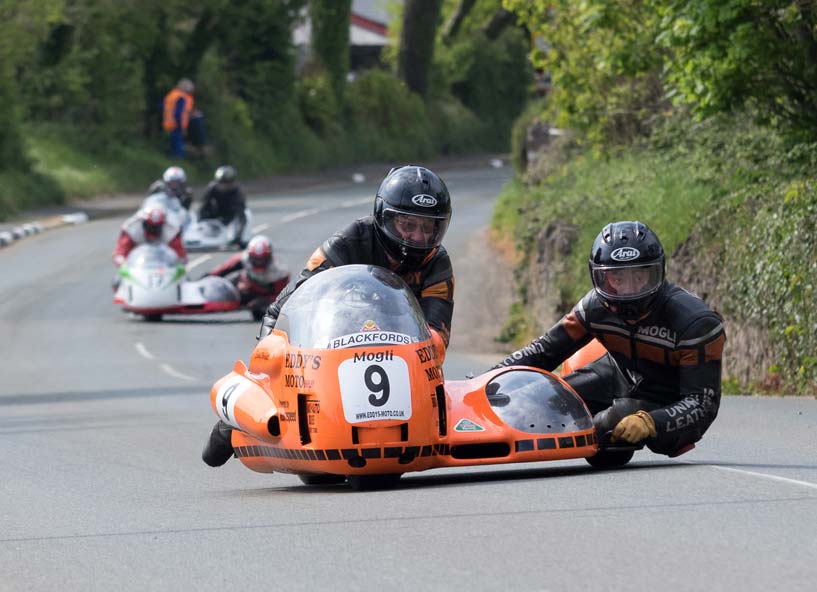 Eddy Wright and Kieran Clarke lead the way in the 2018 Blackford's Pre-TT Classic Races. Photo by Peter Faragher.