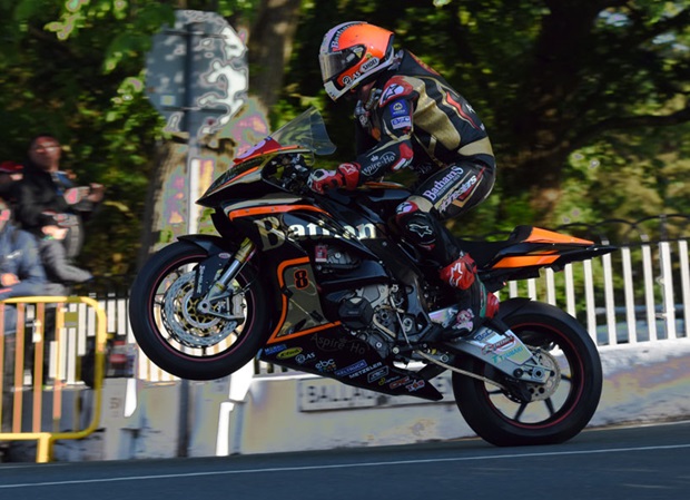 Michael Rutter lands over the Ballaugh Bridge jump on his Bathams Racing BMW Superstock machine. RP Watkinson.