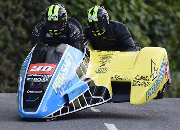 Sidecar #30 takes Ballaugh Bridge during Tuesday's qualifying session. Photo: PR Watkinson