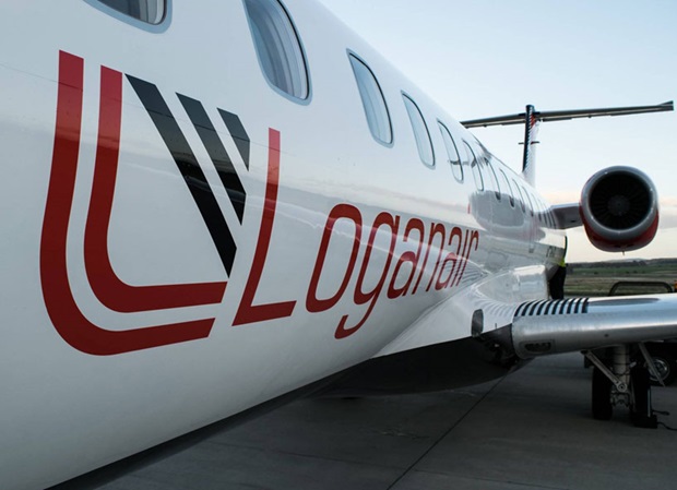 Loganair Embraer aircraft showing corporate logo